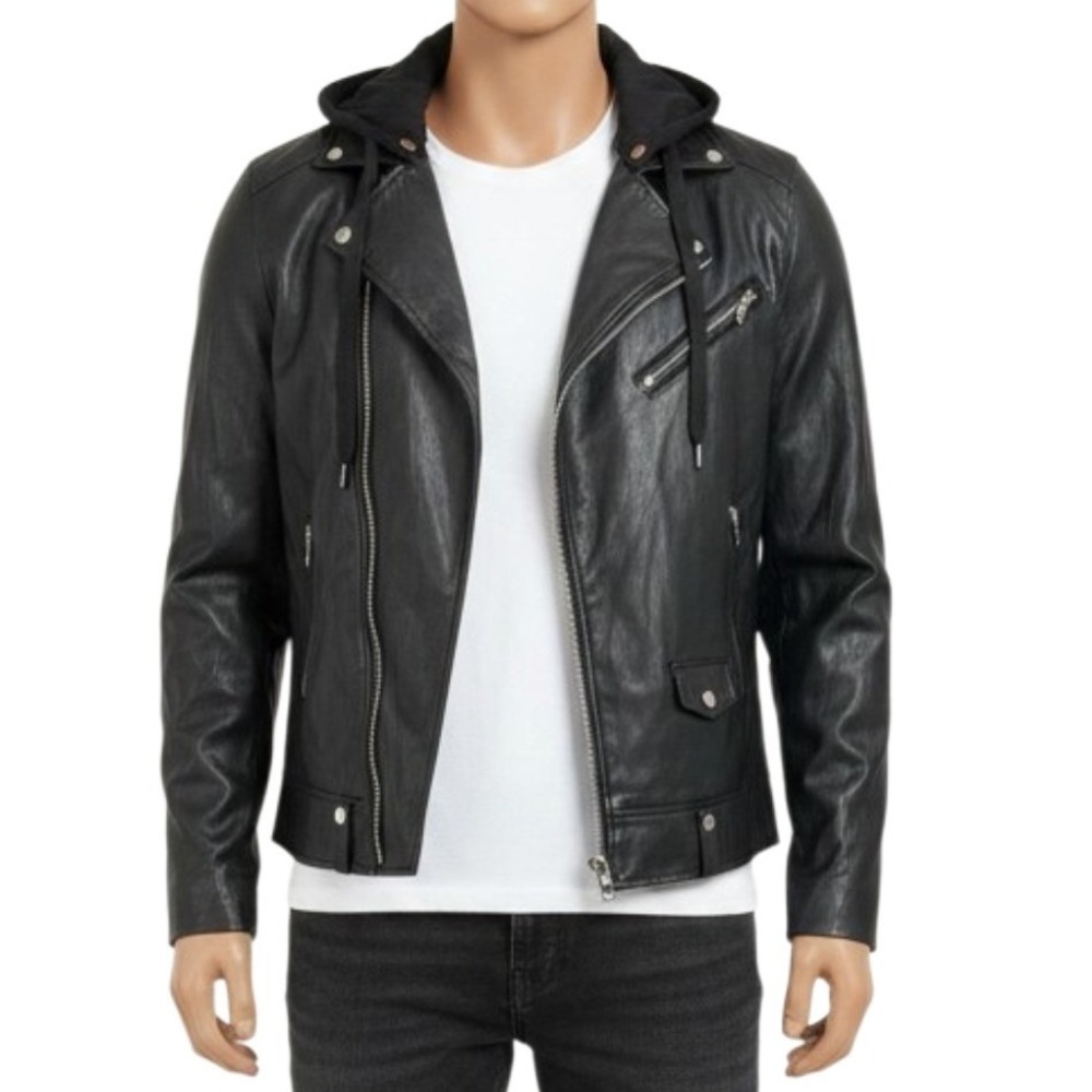 Fashion Nova Men Small Black Moto Jacket Faux Leather Removable Hood Biker PU